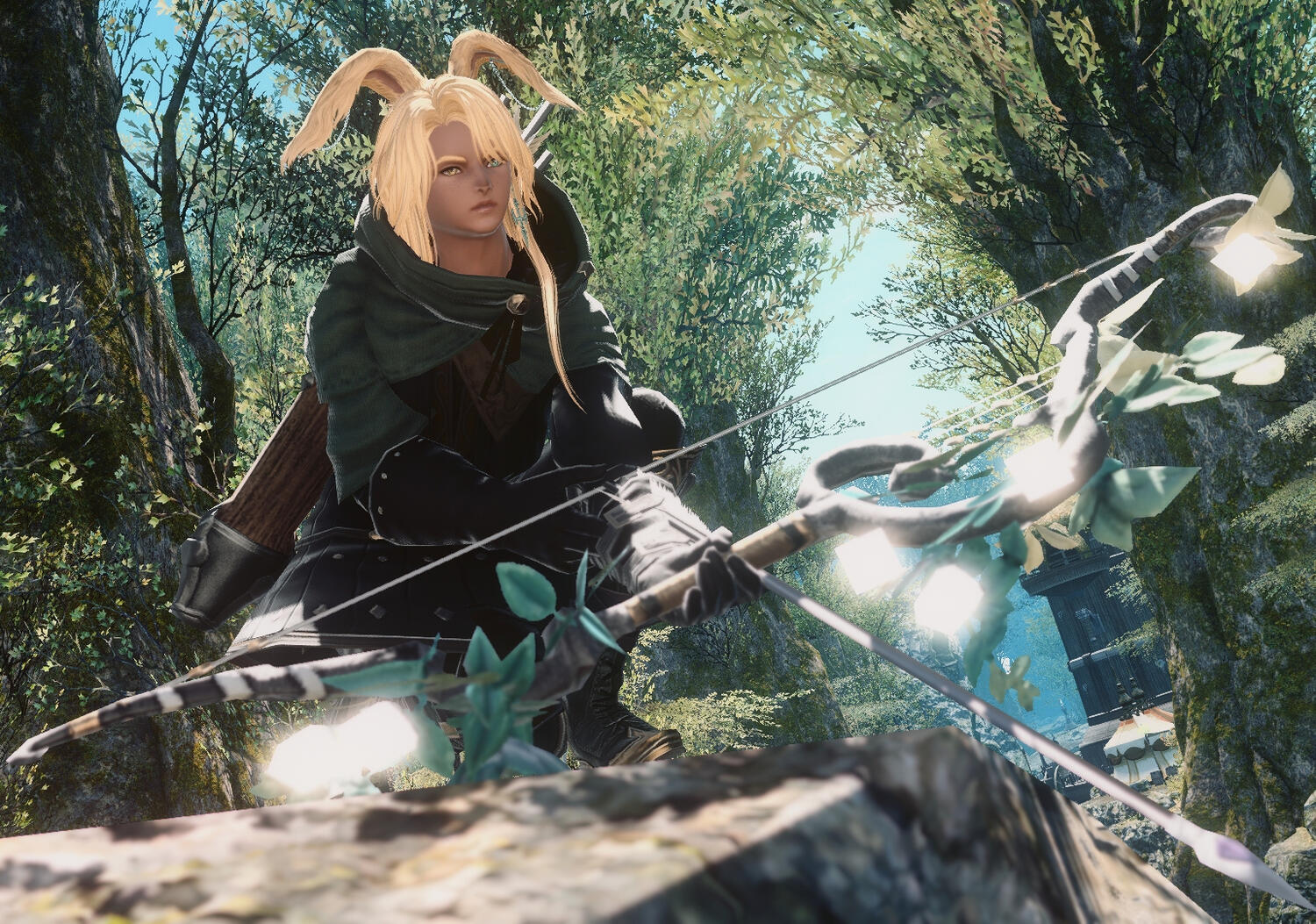 Apollo crouched in the Gridanian woods, holding a bow. He has a focused look on his face.